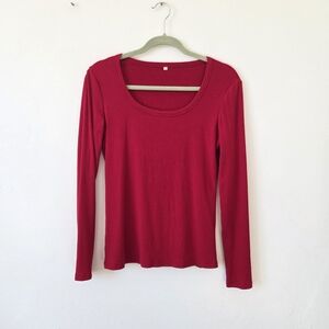 Red Ribbed Long Sleeve Top Ribknit Scoop Neck Casual Base Layering Basic XL